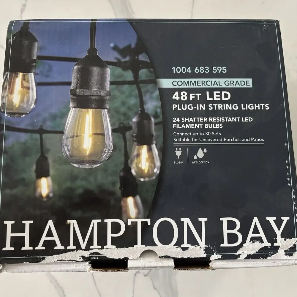 Hampton Bay Black String Lights Outdoor Backyard Pool Party LED 48 Ft/24 Bulbs